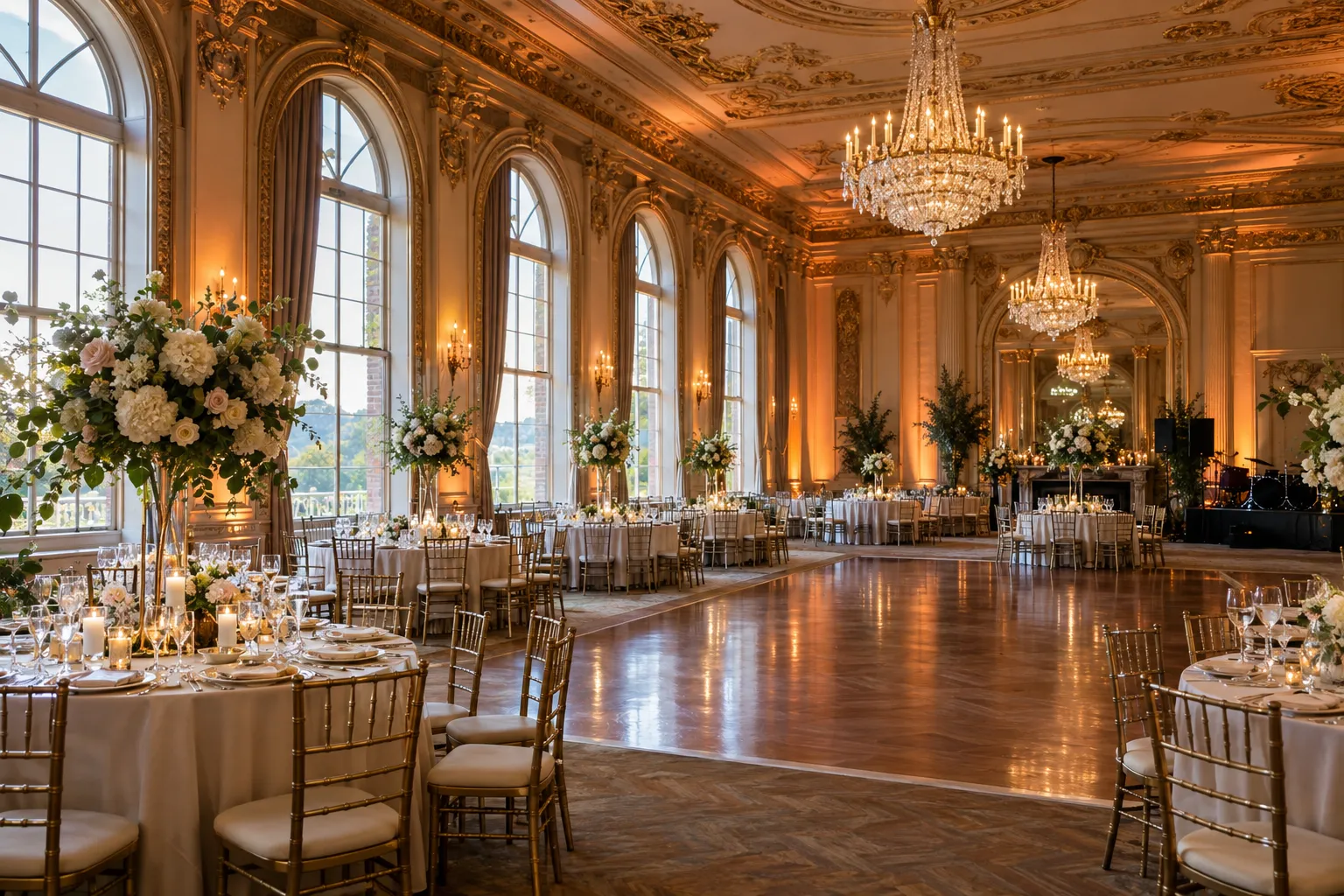 An imagined historic ballroom set for a 300-guest wedding