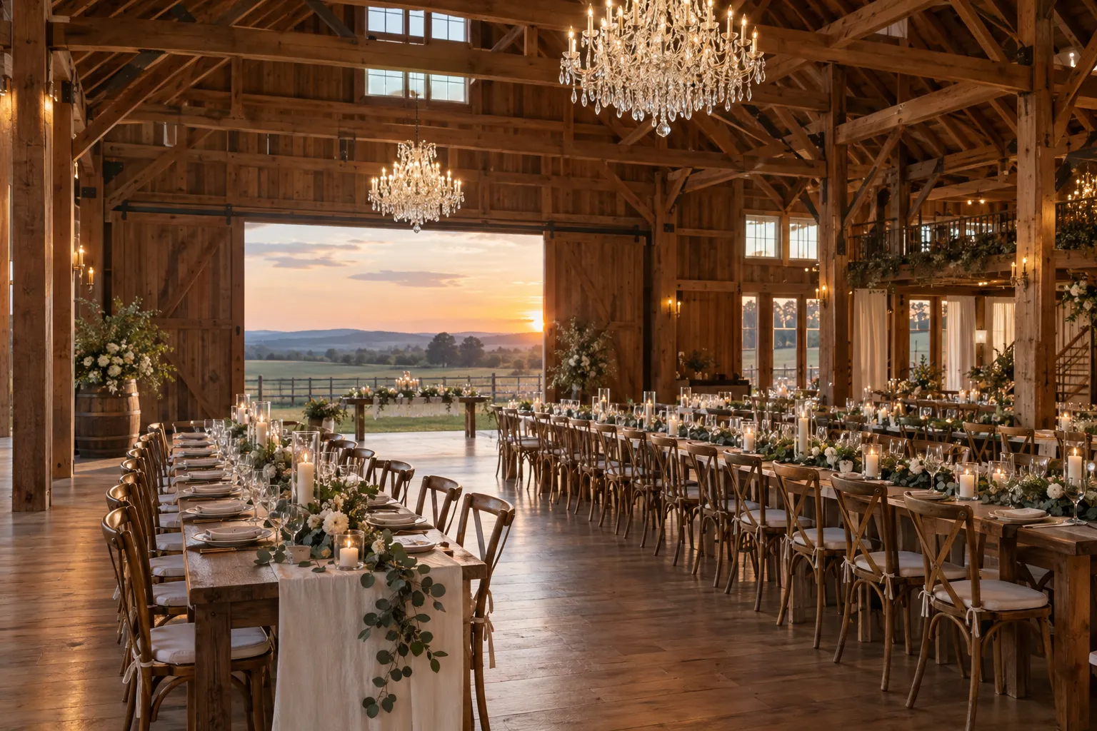 Imagined timber barn wedding venue set for a large wedding