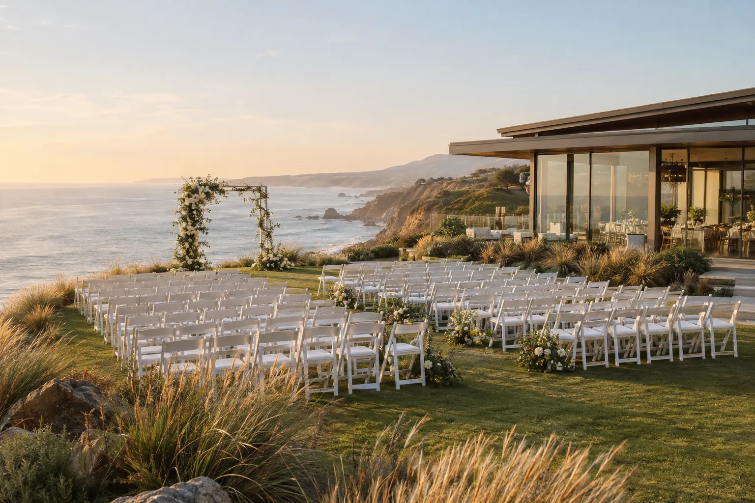 Imagined coastal bluff wedding venue set for a large wedding