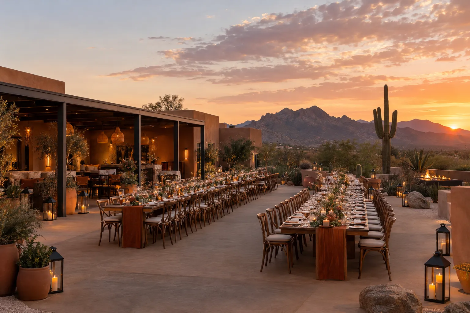 An imagined desert ranch courtyard set for a wedding at sunset