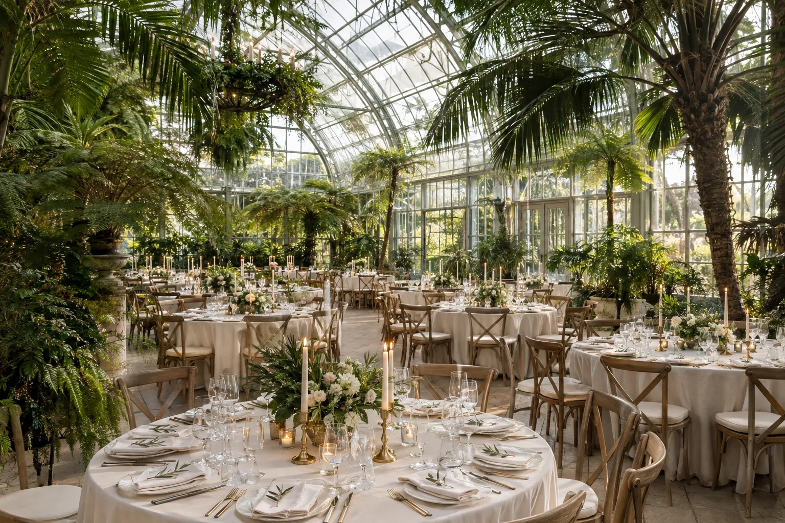 An imagined glass conservatory set for a large wedding dinner