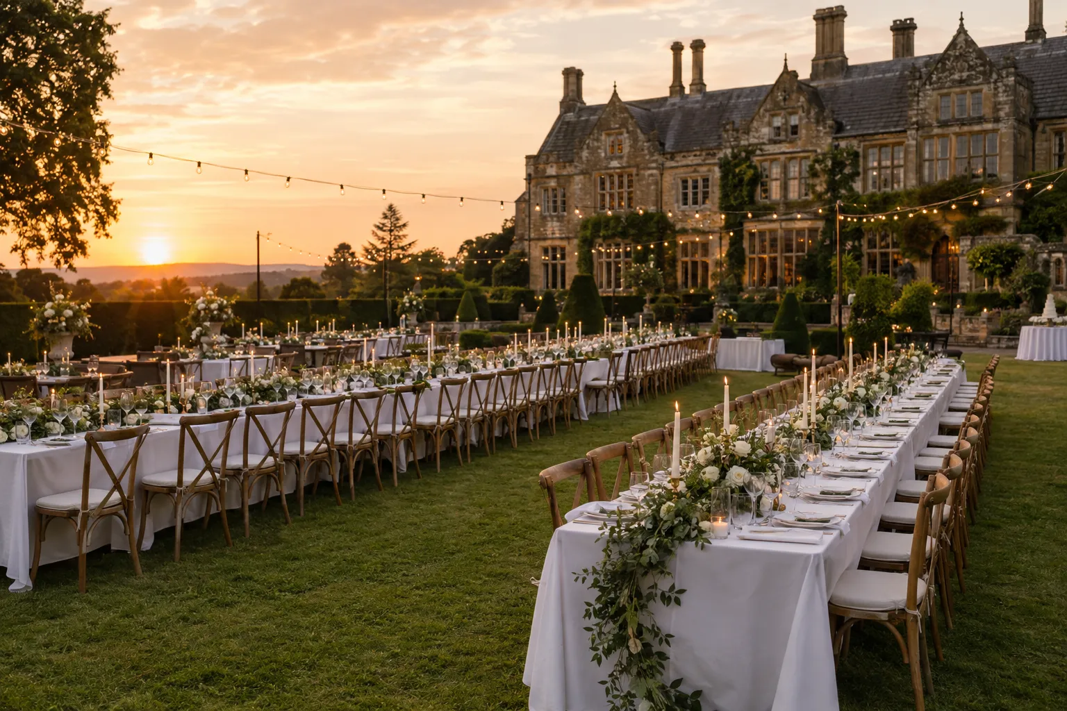 Imagined garden estate wedding venue set for a large wedding