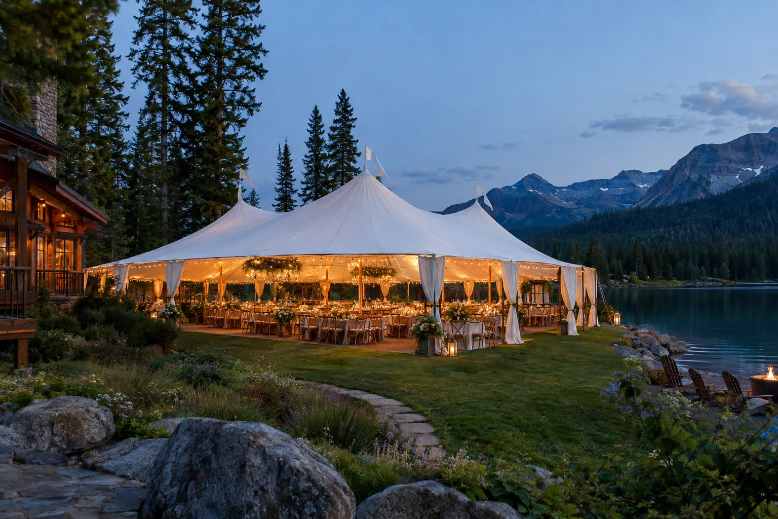 An imagined lakeside lodge with a large sailcloth wedding tent at blue hour