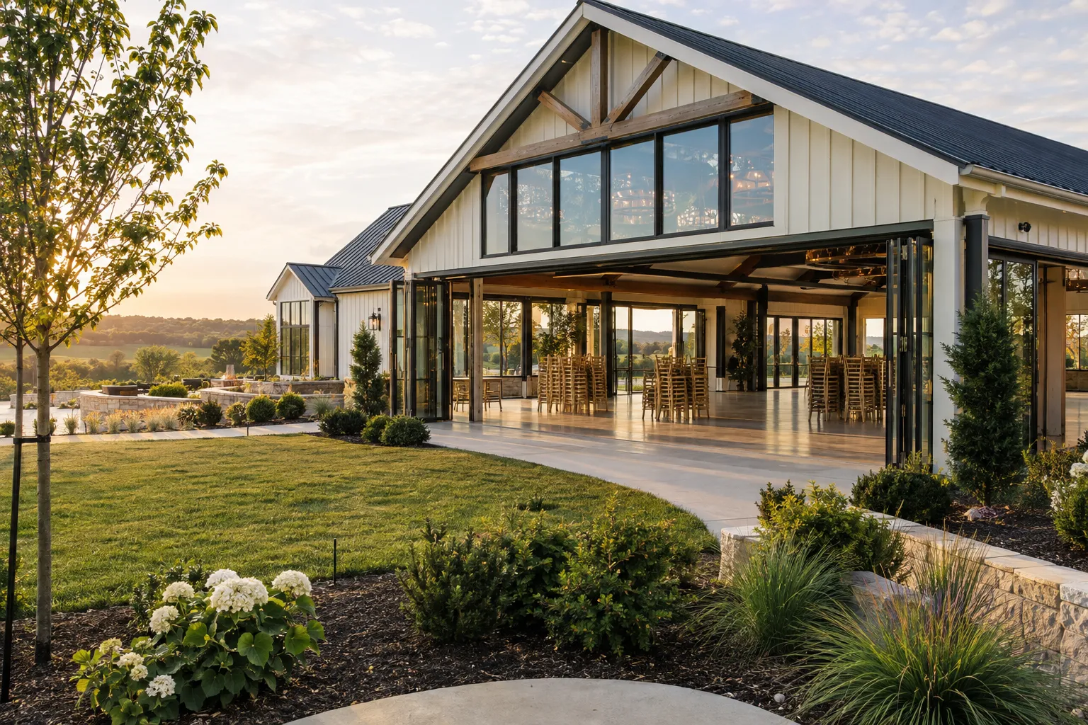 An imagined newly built farmhouse pavilion venue preparing to open