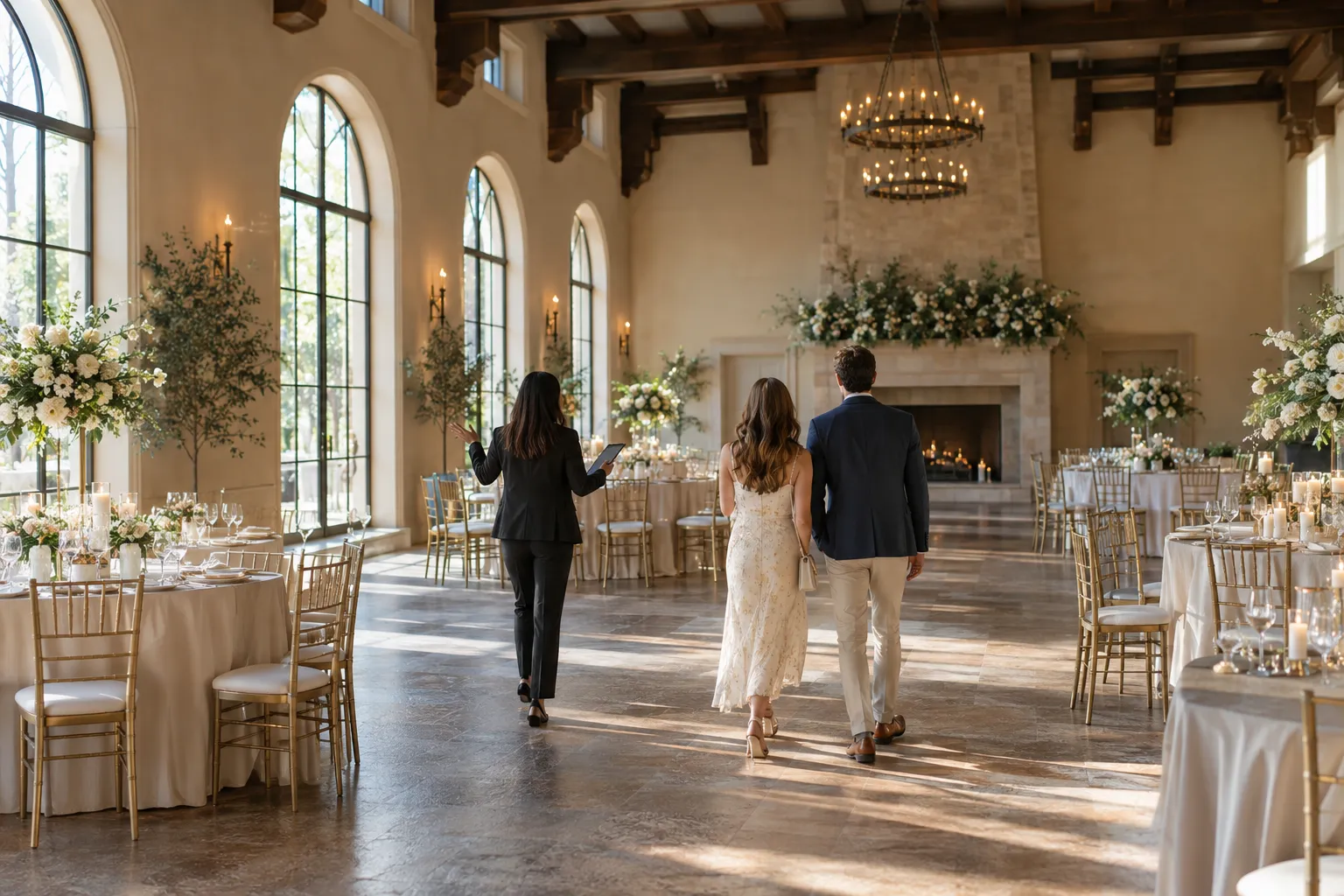 Venue coordinator guiding a couple through a prepared reception hall during a tour (illustrative)