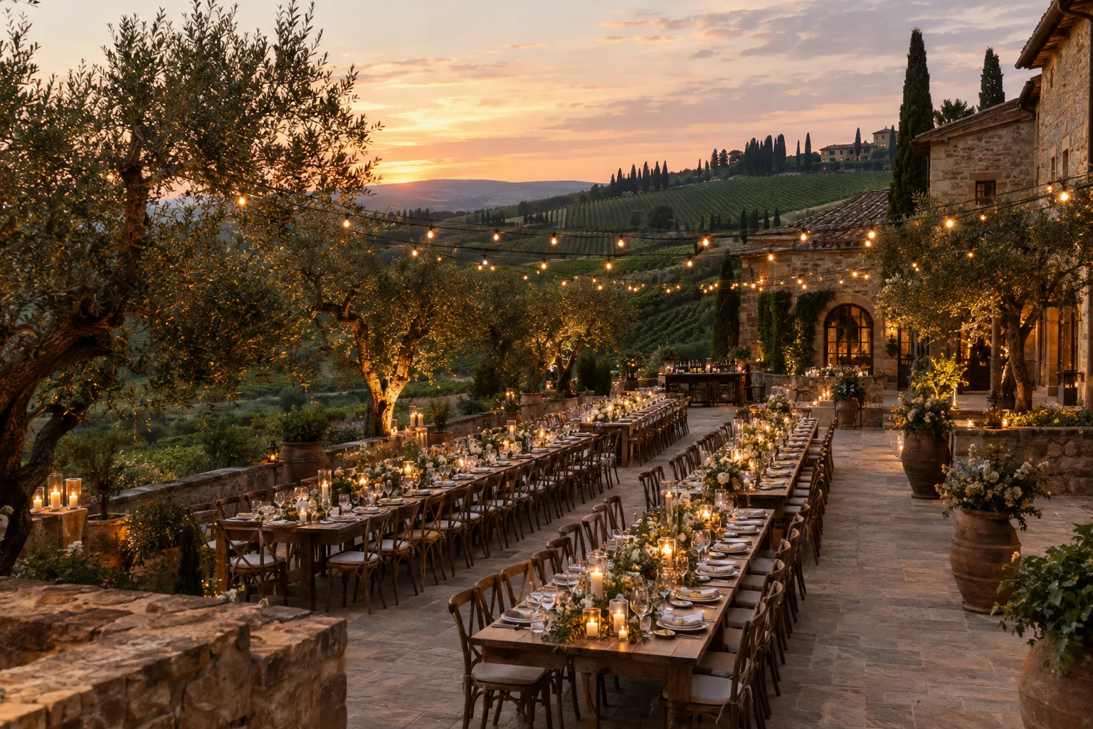Imagined vineyard terrace wedding venue set for a large wedding
